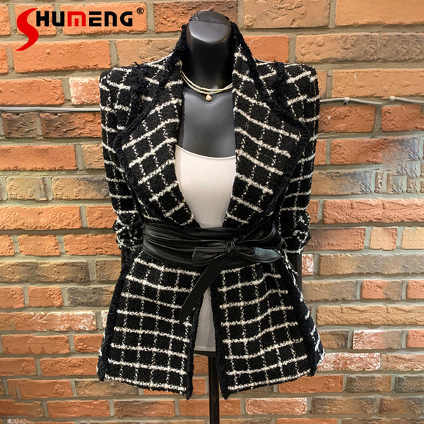 Spring Autumn 2023 Ladies Chic Long Sleeve Black and White Plaid Suit Jacket Slim Women Quilted Woolen Coat Blazer
