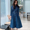 Spring Autumn 2023 Vintage Denim Lapel Collar Single-Breasted High Elastic Waist Casual Long Dress Female Vestidos