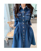 Spring Autumn 2023 Vintage Denim Lapel Collar Single-Breasted High Elastic Waist Casual Long Dress Female Vestidos