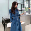 Spring Autumn 2023 Vintage Denim Lapel Collar Single-Breasted High Elastic Waist Casual Long Dress Female Vestidos