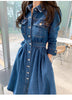 Spring Autumn 2023 Vintage Denim Lapel Collar Single-Breasted High Elastic Waist Casual Long Dress Female Vestidos