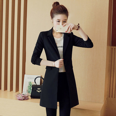 Spring Autumn Black Slim Notched Collar Blazers Women Korean Simple Pocket Button Elegant Office Lady Mid-Length Suit Jacket New