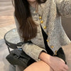 Spring Autumn Blazer Women's Braided French Short Gold Button Tweed Stand Collar Suit Jacket