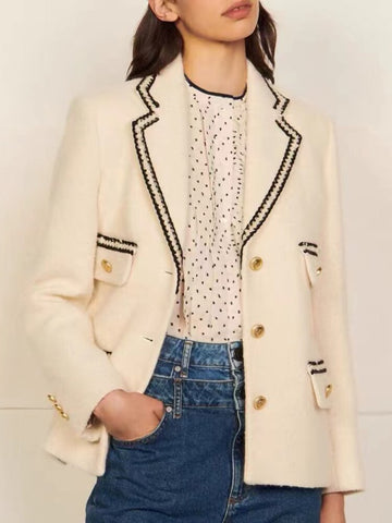 Spring Autumn Blazer Women Preppy Style Woven Trim Solid Color Single-Breasted Tweed Coat Suit Collar Long Sleeve Jacket