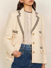 Spring Autumn Blazer Women Preppy Style Woven Trim Solid Color Single-Breasted Tweed Coat Suit Collar Long Sleeve Jacket