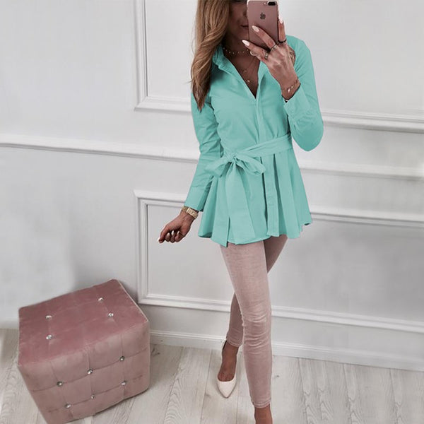 Spring Autumn Casual Long Sleeve Womens Tops and Blouses Plus Size Tunic Blouse Women Shirts with Belt Blusa Feminina WS9372M