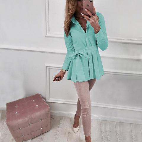 Spring Autumn Casual Long Sleeve Womens Tops and Blouses Plus Size Tunic Blouse Women Shirts with Belt Blusa Feminina WS9372M