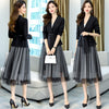 Spring Autumn Clothes Belt Blazer Set Jacket Coat + Slim High Waist Elastic Tulle Mesh Skirts Slim Casual Vintage 2 Pieces Sets