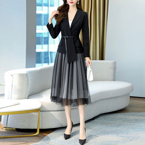 Spring Autumn Clothes Belt Blazer Set Jacket Coat + Slim High Waist Elastic Tulle Mesh Skirts Slim Casual Vintage 2 Pieces Sets