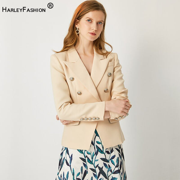 Spring Autumn Design European American Solid Beige Jackets Double Breasted Buttons Skinny Fit Blazers