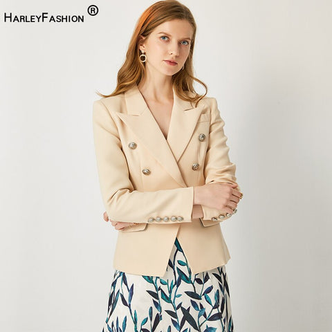 Spring Autumn Design European American Solid Beige Jackets Double Breasted Buttons Skinny Fit Blazers