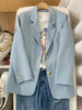 Spring Autumn Long Sleeve Blazer Women Temperament Solid Lapel Blue Single-Breasted Jacket Office Lady Coat
