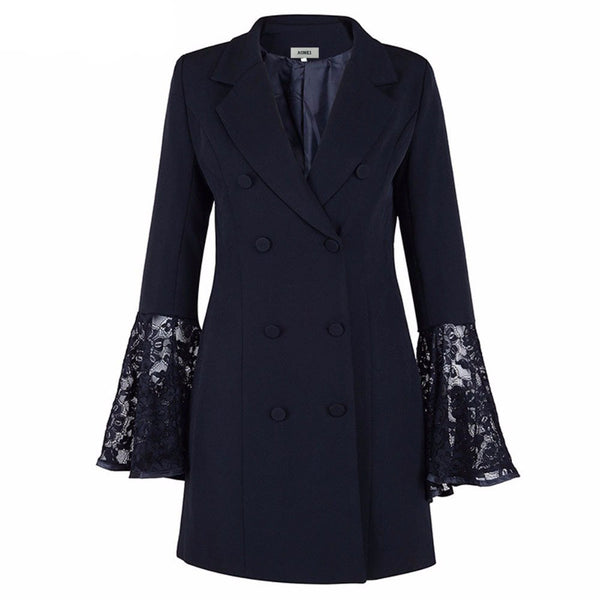 Spring Autumn Lapel Collar Lady Slim Blazer Flower Lace Hook Tuxedo Suits Double-breasted Flare sleeves Stitching Long  jacket