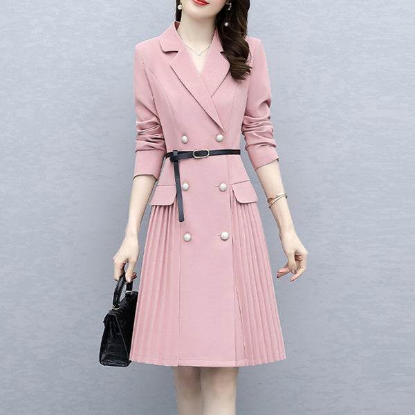 Spring Autumn Long Blazer Pleated Mid Dress Simple And Jacket Female Double Breasted With Belt Woman Clothes Outerwear Classic