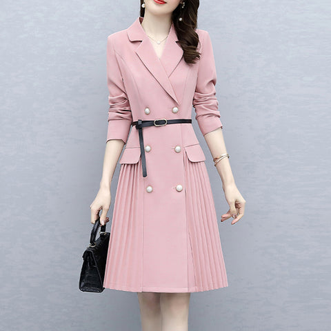 Spring Autumn Long Blazer Pleated Mid Dress Simple And Jacket Female Double Breasted With Belt Woman Clothes Outerwear Classic
