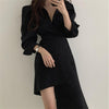Spring Autumn Long Sleeve Asymmetrical Elegant Dresses For Women Casual Sexy Deep V Neck Dress Office Lady Solid Color Mini Robe
