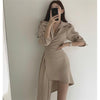 Spring Autumn Long Sleeve Asymmetrical Elegant Dresses For Women Casual Sexy Deep V Neck Dress Office Lady Solid Color Mini Robe