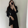Spring Autumn Long Sleeve Asymmetrical Elegant Dresses For Women Casual Sexy Deep V Neck Dress Office Lady Solid Color Mini Robe