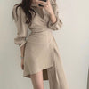 Spring Autumn Long Sleeve Asymmetrical Elegant Dresses For Women Casual Sexy Deep V Neck Dress Office Lady Solid Color Mini Robe
