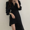 Spring Autumn Long Sleeve Asymmetrical Elegant Dresses For Women Casual Sexy Deep V Neck Dress Office Lady Solid Color Mini Robe