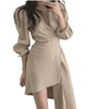 Spring Autumn Long Sleeve Asymmetrical Elegant Dresses For Women Casual Sexy Deep V Neck Dress Office Lady Solid Color Mini Robe