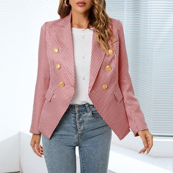 Spring Autumn Long-Sleeved Plaid Houndstooth Simple Fashionable Jacket Female Double Breasted Woman Clothes Outerwear Classic