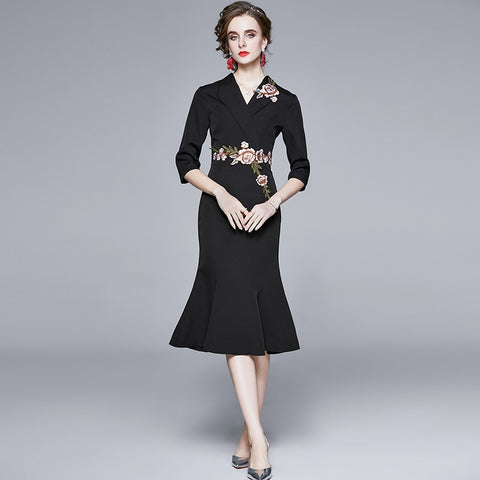 Spring Autumn  Floral Embroidery Dress Women Solid Office V-Neck Vintage Midi Dress Female Sexy Mermaid Dresses