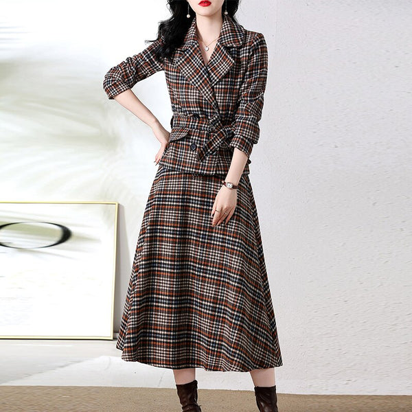 Spring Autumn 2Pcs Women Plaid Belt Double Breasted Blazer Suits Jacket Notched Coats Outwear And A-Line Skirts Suits Sets