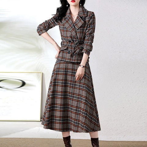 Spring Autumn 2Pcs Women Plaid Belt Double Breasted Blazer Suits Jacket Notched Coats Outwear And A-Line Skirts Suits Sets