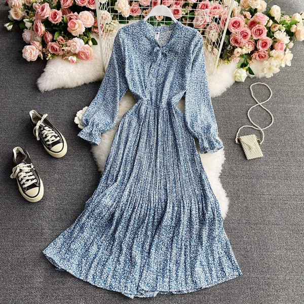 Spring Autumn Women Clothes Elegant  Floral Wrap Bow Female Summer Printed Pleated Dress