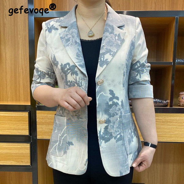 Spring Autumn Floral Print Blazer Women Elegant 3/4 Sleeve Suit Female Single Breasted Coat Casual Jacket Outwear