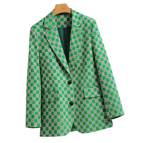 Spring Autumn Products Black Green Checkerboard Plaid Suit Jacket Women's Casual Trend Blazer