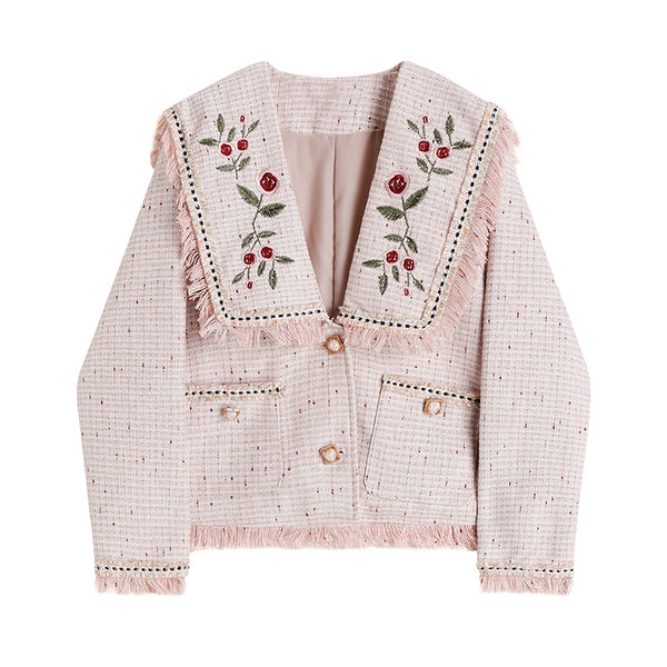 Spring Autumn Retro Short Pink Blazer Coat Female French Embroidery Flower Navy Collar Tassel Woven Long-sleeve Jacket Women