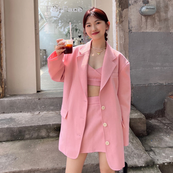 Spring Autumn Women Clothes Sweet Pink Blazers  Loose Sexy Suit Jacket Female Streetwear Outwear Abrigos