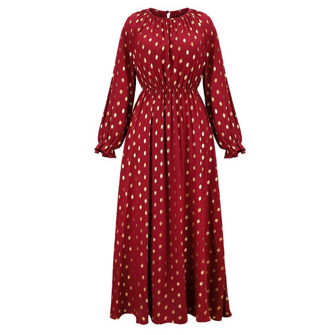 Spring  Autumn Women's Clothing Retro Art Red Printed V-Neck Lantern Long Sleeve Elastic High Waist  High-Level Floral Dress