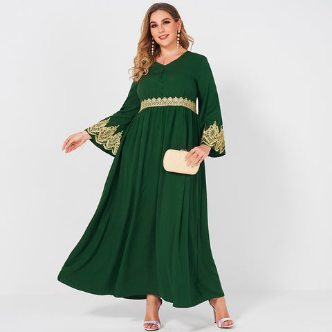 Spring Autumn Women's Green V-neck Lace Stitching Long Banquet Elegant Slim Flared Long sleeve Party Maxi Robes 4XL