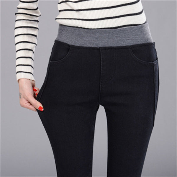 Spring Autumn New lady casual jeans blue black Cotton spinning Denim Patchwork Elastic band Tight waist slim pockets long Pants