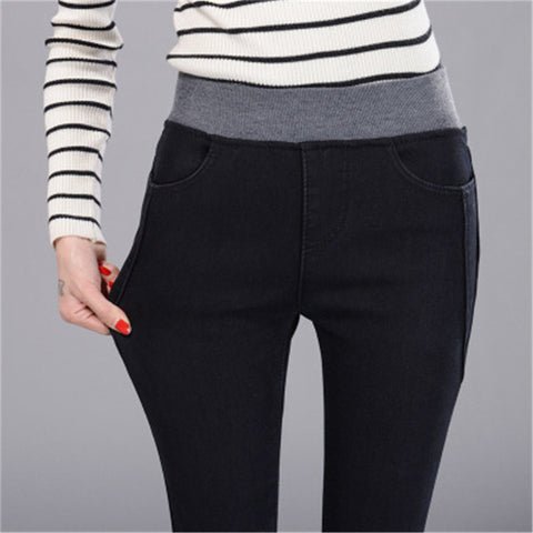 Spring Autumn New lady casual jeans blue black Cotton spinning Denim Patchwork Elastic band Tight waist slim pockets long Pants