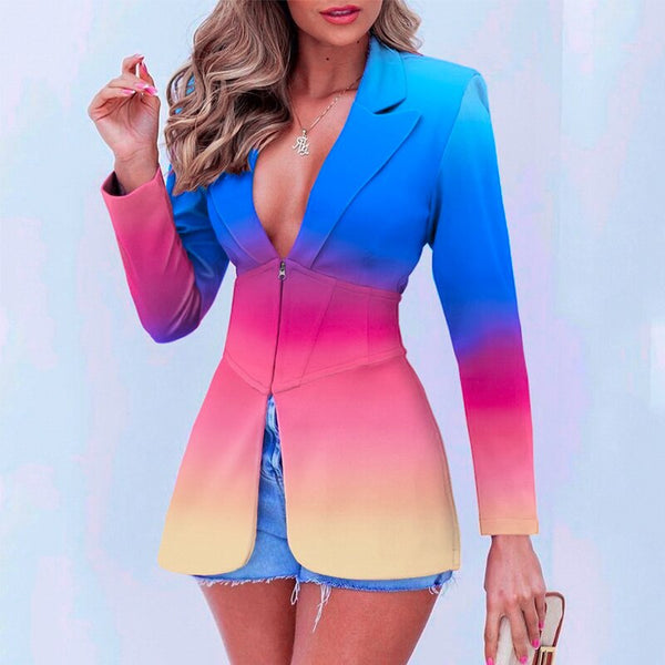 Spring Autumn Notched Colar Blazer For Women Coat  Zipper Casual Long Sleeve Jacket Office Lady Colorful Outerwear Cloth