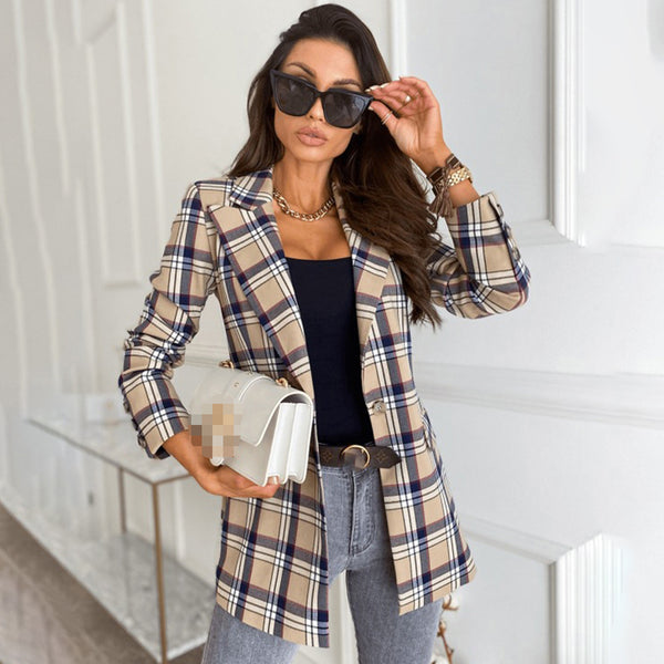 Spring Autumn Notched Collar Plaid Blazers Casual Pockets Long Sleeve Coat Female Outerwear 2023 Korean Loose Jackets