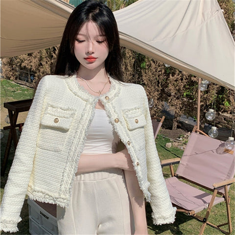 Spring Autumn O-Neck Women White Tweed Jacket Korean Short Single Breasted Fringe Short Coat Ladies Outerwear Thin H2322