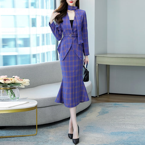 Spring Autumn Plaid Belt Blazer Sets V Neck Jacket & Pencil Skirt Vintage 2 Pieces Skirt Suits Female Office Ladies Blazer Suit