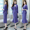 Spring Autumn Plaid Belt Blazers Sets V Neck Jacket & Pencil Skirt Vintage 2 Pieces Skirt Suits Female Office Ladies Blazer Suit