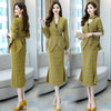 Spring Autumn Plaid Belt Blazers Sets V Neck Jacket & Pencil Skirt Vintage 2 Pieces Skirt Suits Female Office Ladies Blazer Suit