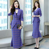 Spring Autumn Plaid Belt Blazers Sets V Neck Jacket & Pencil Skirt Vintage 2 Pieces Skirt Suits Female Office Ladies Blazer Suit