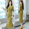Spring Autumn Plaid Belt Blazers Sets V Neck Jacket & Pencil Skirt Vintage 2 Pieces Skirt Suits Female Office Ladies Blazer Suit
