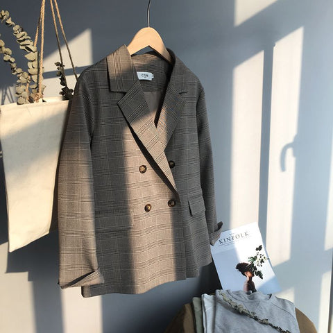 Spring Autumn Plaid Blazer Women Double Breasted Blazers Lady Long Sleeve Jacket Female Casual Coat Vintage Blazers Plus Size