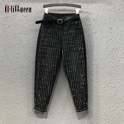 Spring Autumn Streetwear Women Vintage Black Loose Diamonds High Waisted Jeans Ankle-length Denim Harem Pants Trousers Plus Size