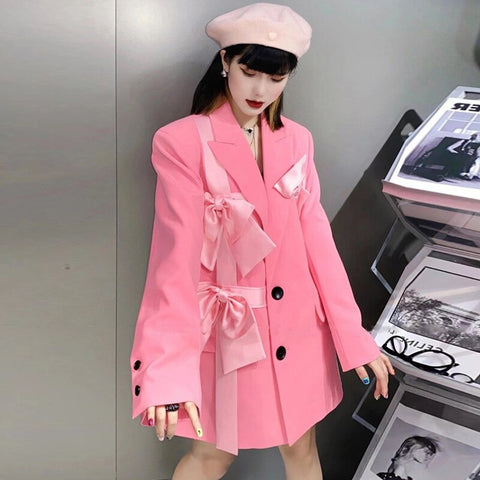 Spring Autumn Sweet Pink Blazer Women's Loose Bow Slim Suit Female Mid-Length