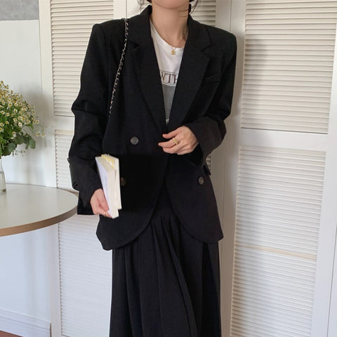 Spring Autumn Vintage Blazer Two Piece Set Women Skirt Suits Double Breasted Blazers Coat + High Waist Long Pleated Skirts